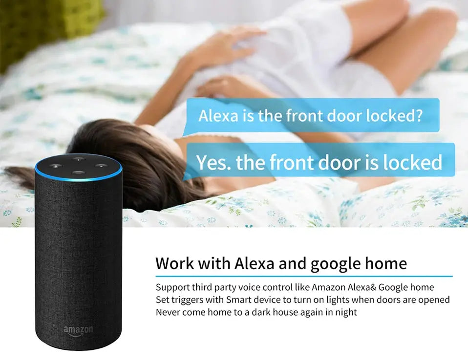 Door sensor by Simples Market (Tuya Zigbee) compatible with Alexa and Google Home; Amazon Echo shown in image.