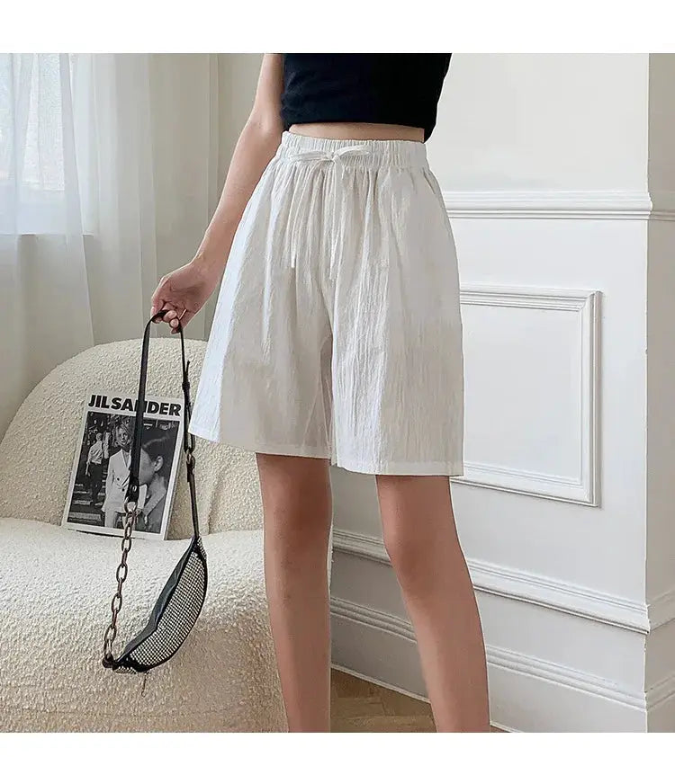 Women's white cotton shorts, high-waisted loose-fit for summer casual wear