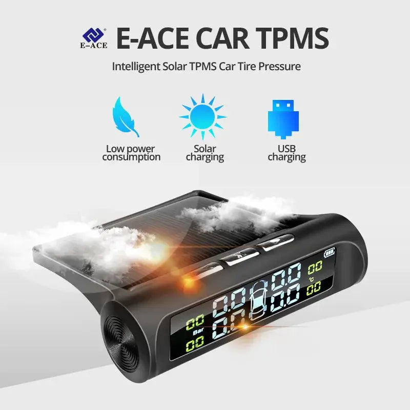 E-ACE car TPMS solar-powered tire pressure and temperature monitor with digital display