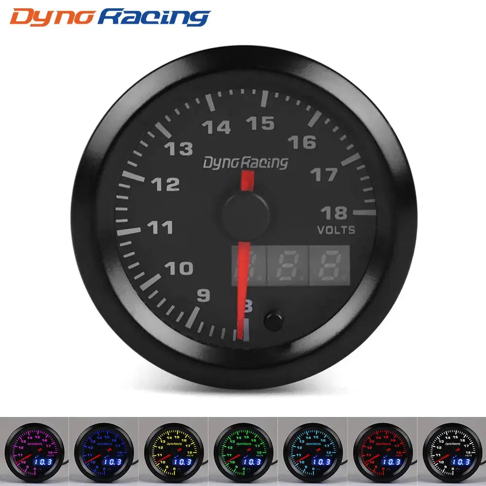 DynRacing 52mm LED dual-display car gauge with 7-color options for boost, temps, oil pressure, volts, A/F, EGT, tach.