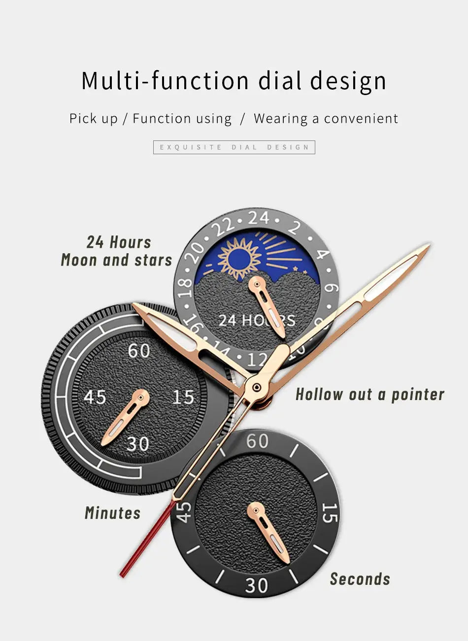 Men's watch dial design illustration with rose-gold hands and black multi-function dials
