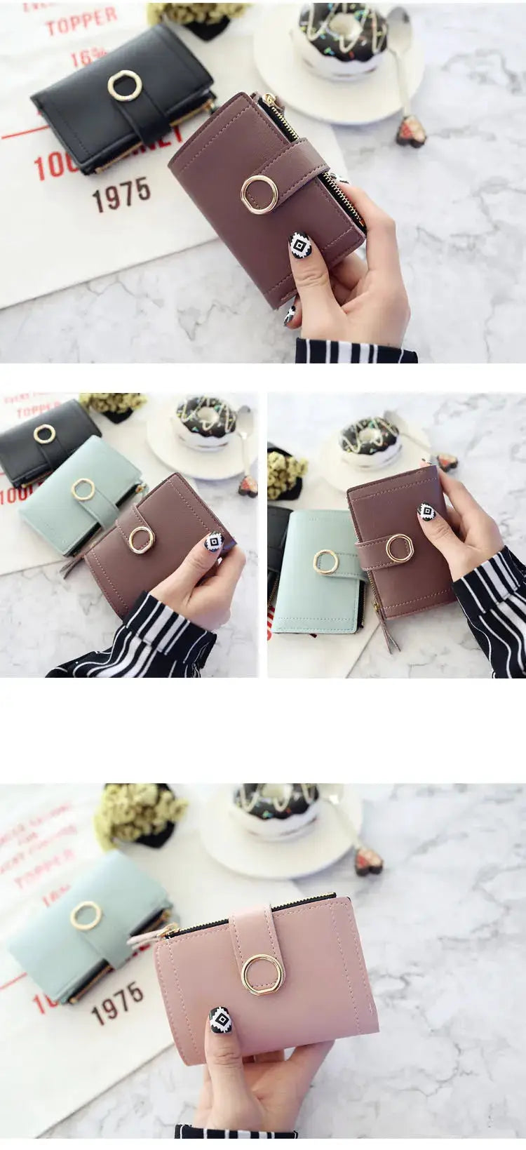 Short women's PU zip wallet set with ring strap; four colors brown, black, light blue, pink.