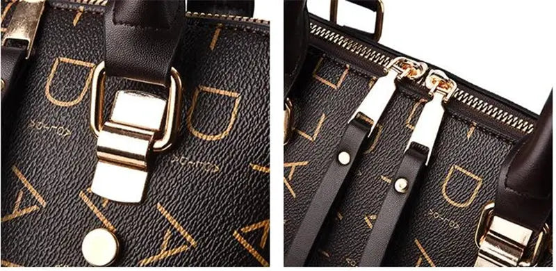 PU leather handbag with alphabet print, gold-tone buckle, top-handle and adjustable shoulder strap