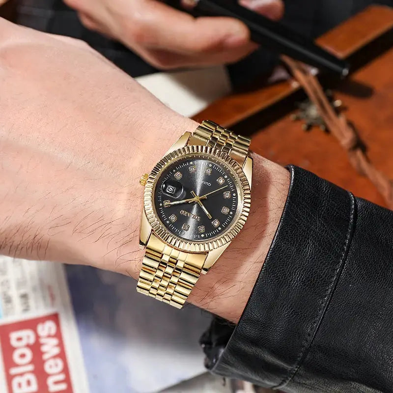 Luxury Mens Full Steel Quartz Wristwatch With Date Golden Finish Timeless Brand Timepiece