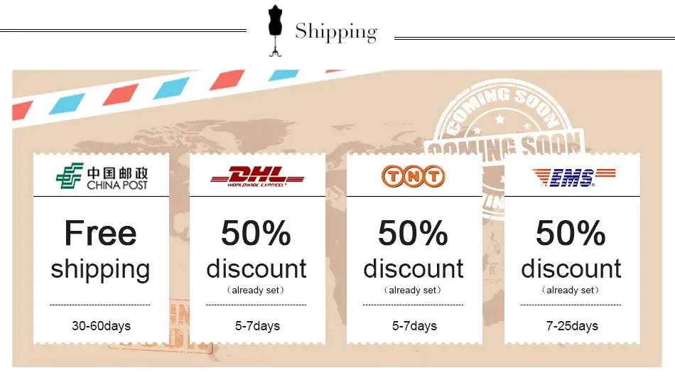 Shipping promo banner with four coupons: Free shipping China Post and 50% discounts DHL, TNT, EMS.