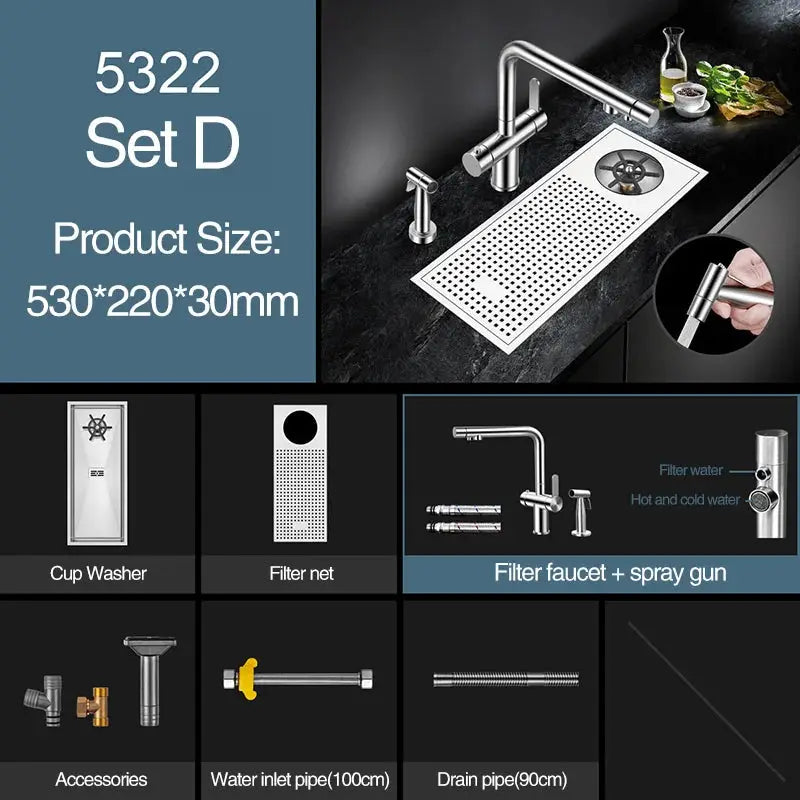 Simples Market ASRAS cup washer bar sink set in brushed 304 stainless steel, 4mm thick, includes faucet with spray gun.