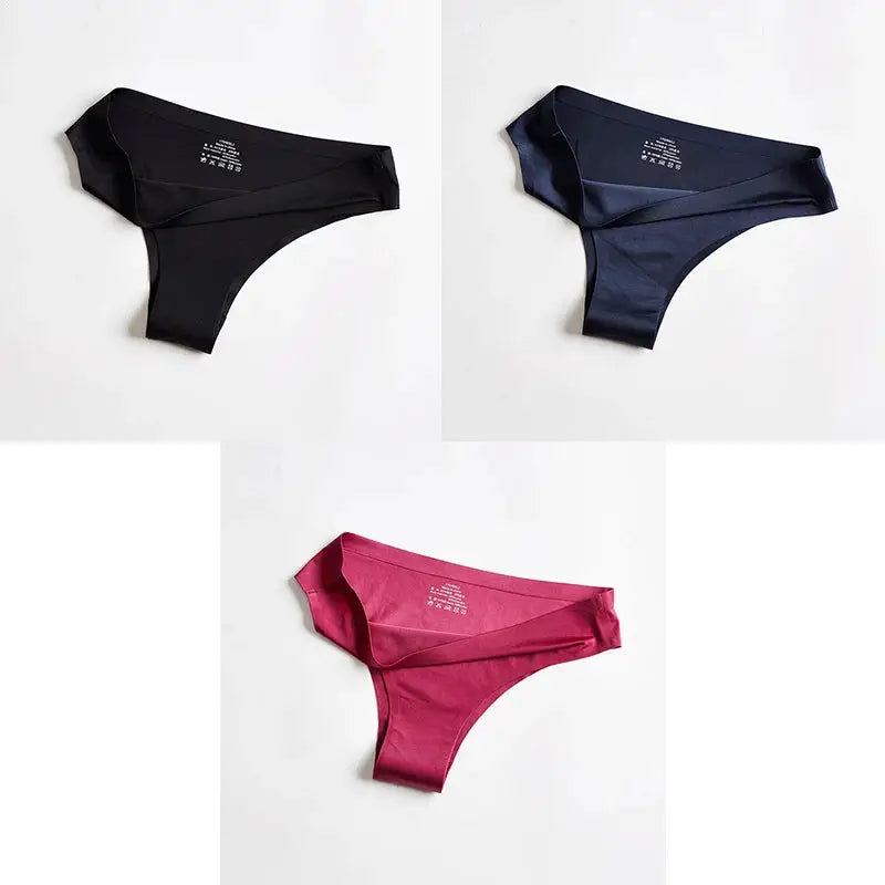 Women's seamless thong underwear set by Simples Market; ice silk fabric in black, navy, and pink (3 pairs)