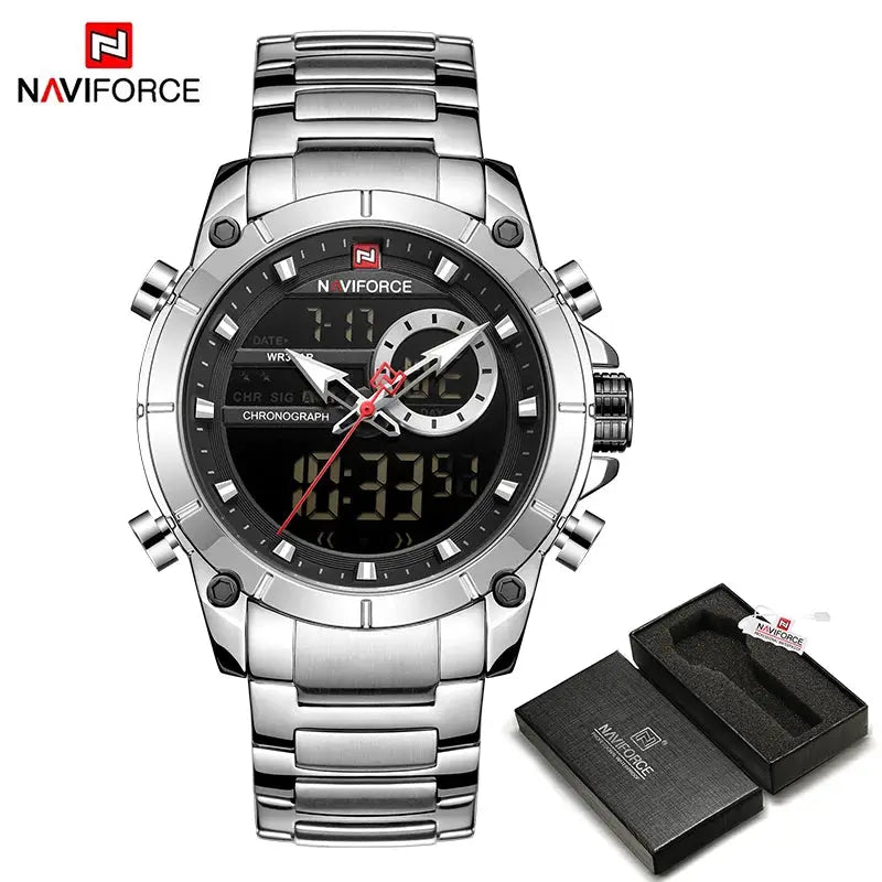 Naviforce 9163 Luxury Sport Mens Wristwatch With Dual Analog Digital Display Stainless Steel Water Resistant