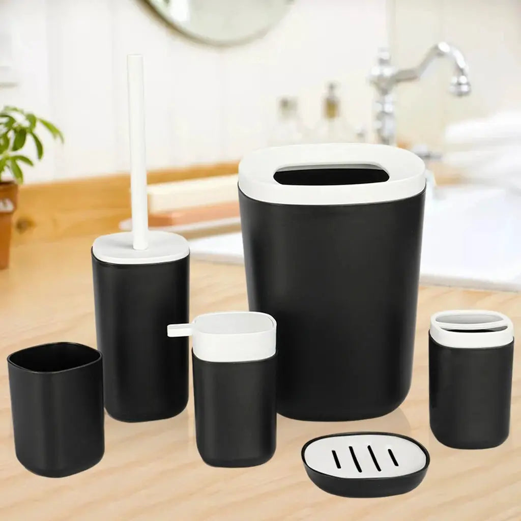 6pc black bathroom accessories set with white accents; includes trash can, toothbrush holder, lotion dispenser, soap dish, toilet brush holder