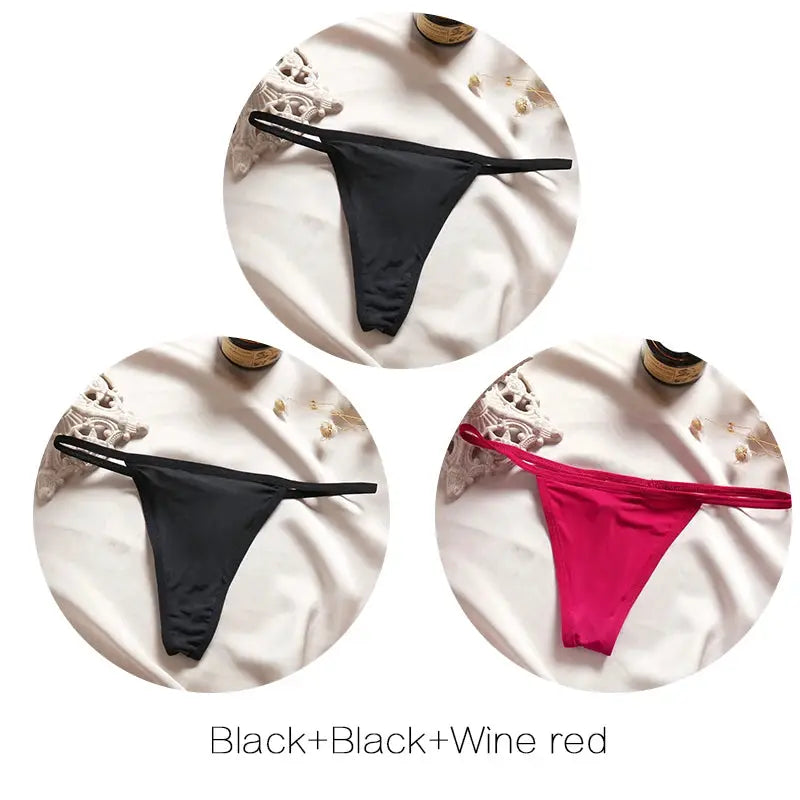 FINETOO 3-pack low-rise thong panties for women; black, black, and wine red by Simples Market