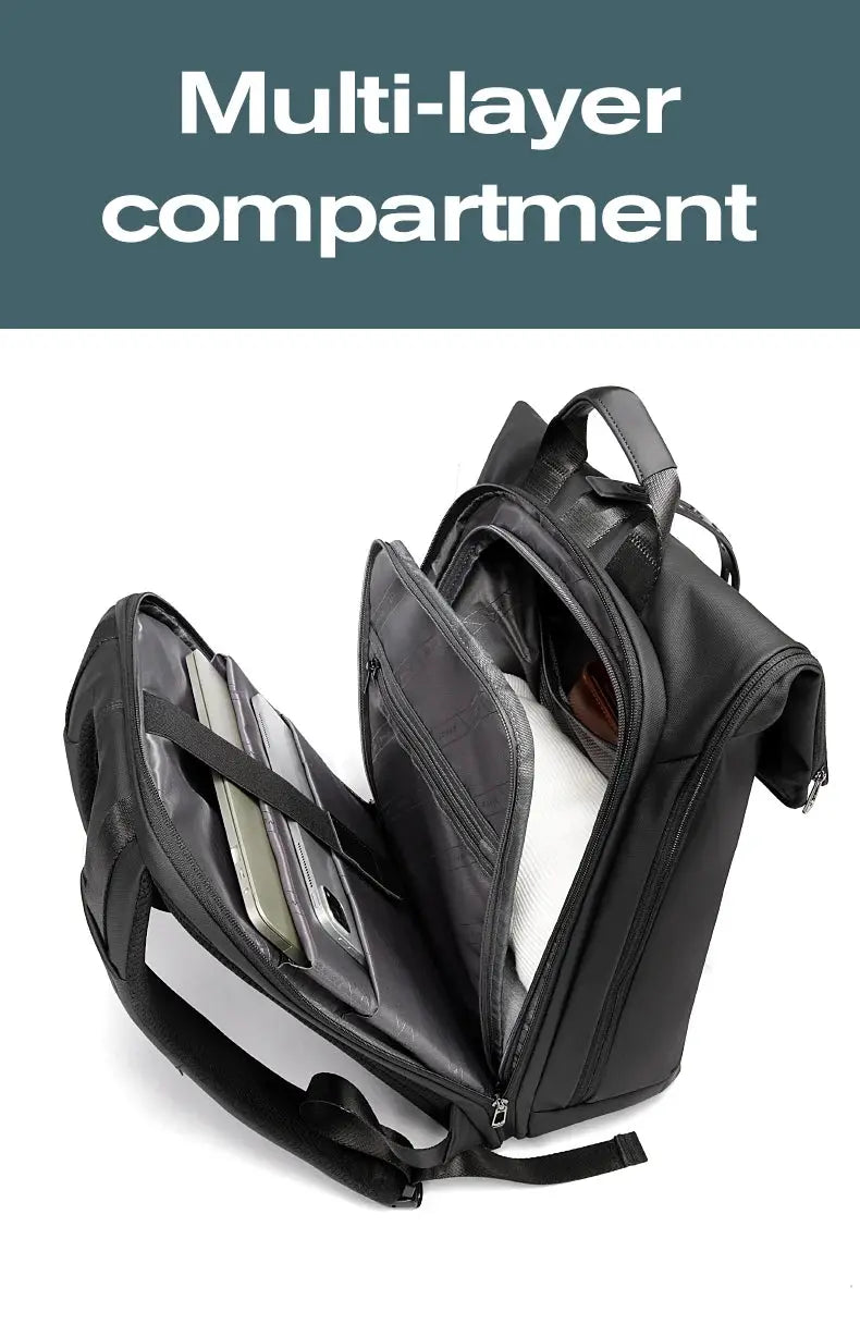 BANGE anti-theft waterproof laptop backpack in black with multi-layer compartments for 15.6-inch laptops.