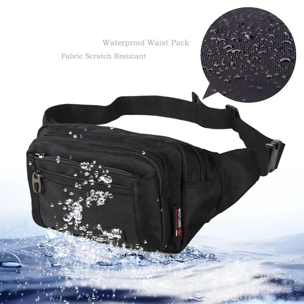 Black Simples Market waist pack with adjustable belt, waterproof fabric, and multiple front zipper pockets.