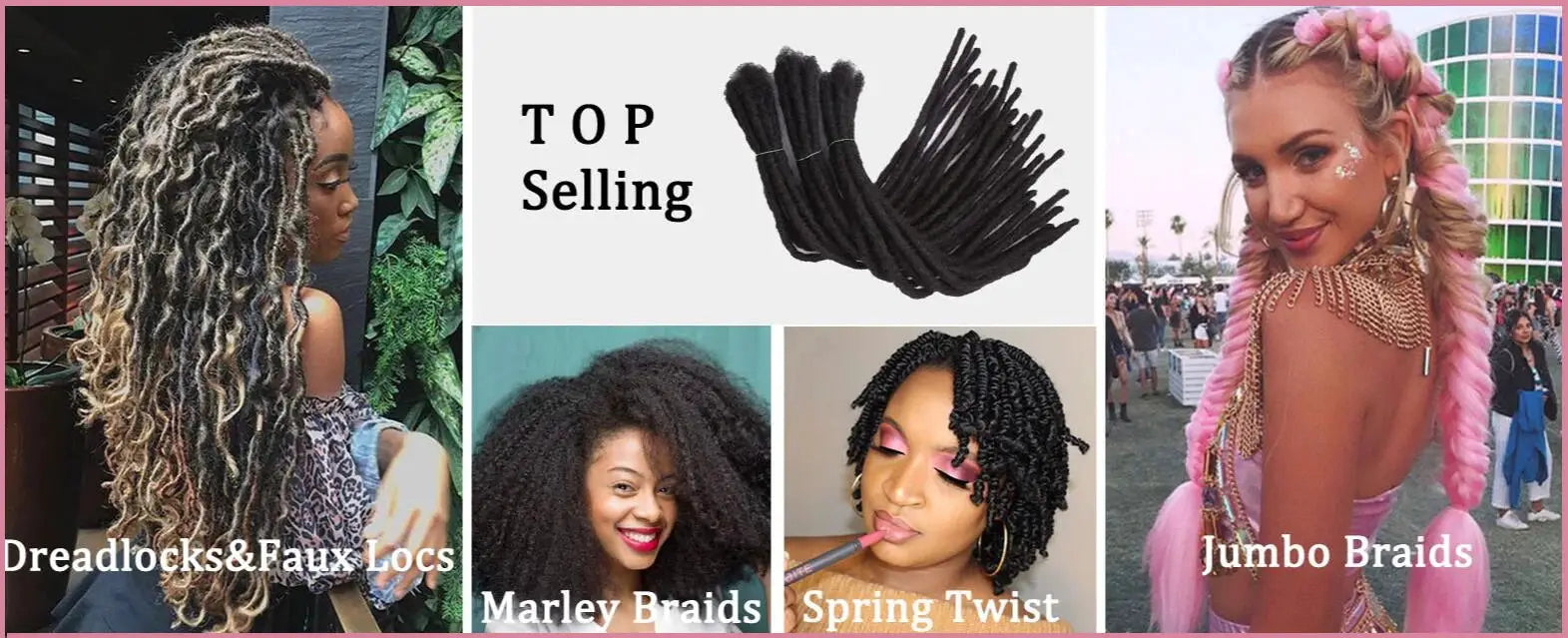 Synthetic Goddess Locs crochet hair collage with 5 styles: faux locs, Marley braids, spring twist, jumbo braids, hair bundles