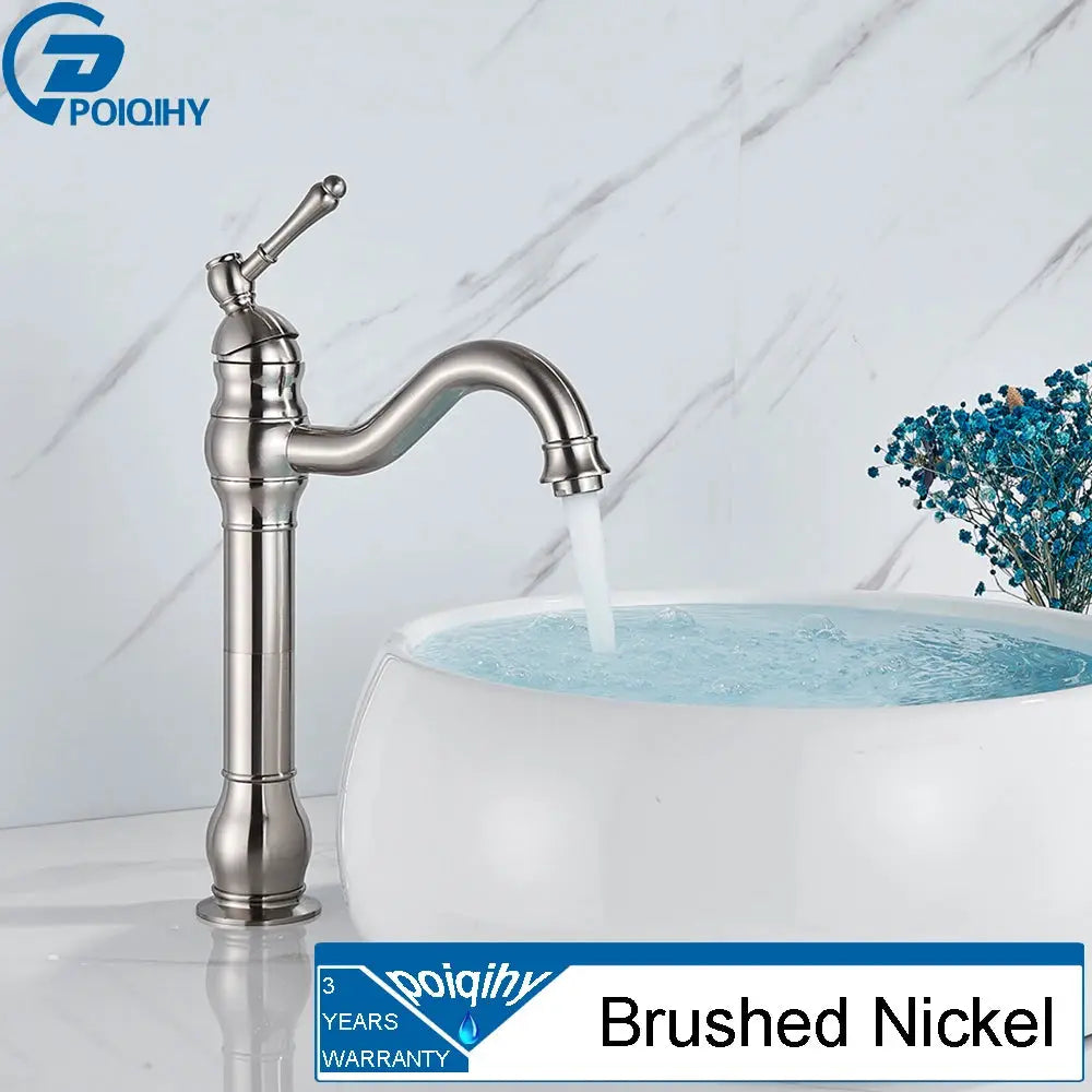 Brushed nickel basin vessel faucet, deck-mounted, vintage one-hole mixer with curved spout