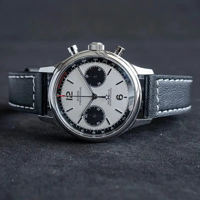 Sugess 1963 Pilot mechanical chronograph watch with panda dial, stainless steel case, black leather strap