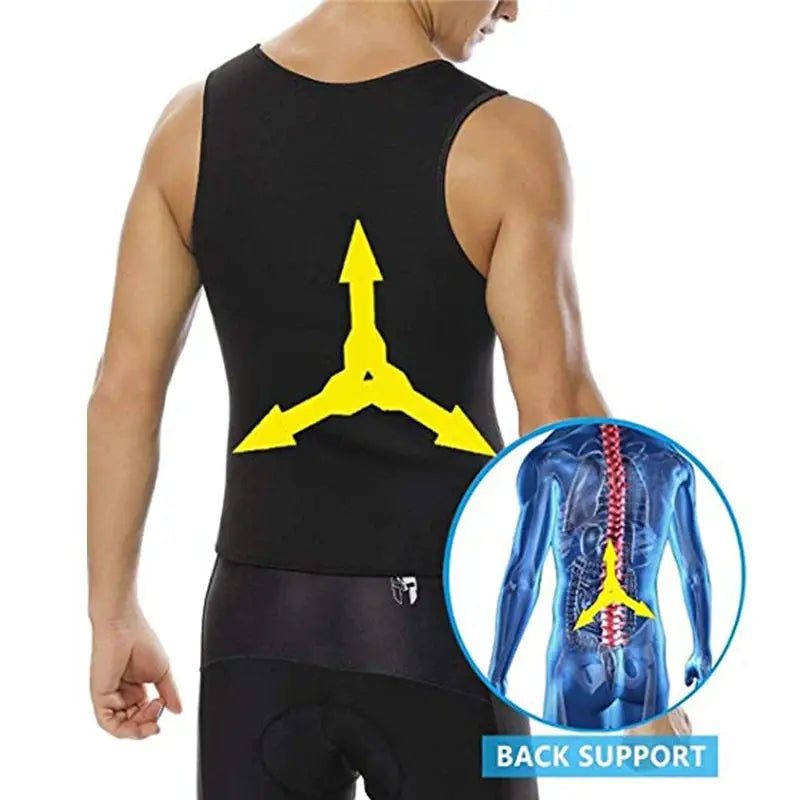 Men's black body shaper waist trainer sauna vest with yellow back support graphic