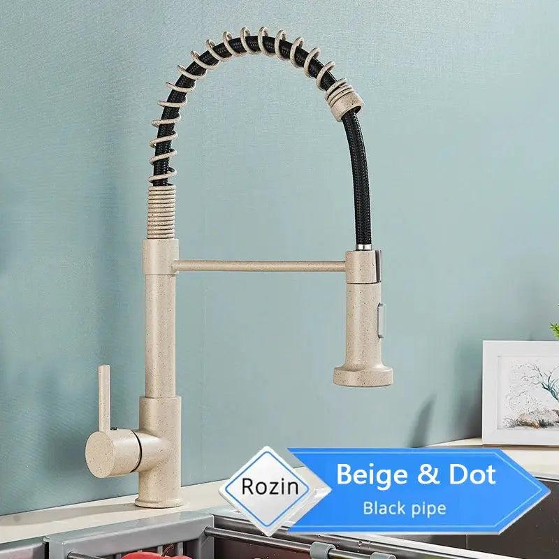 Rozin kitchen faucet, beige speckled finish with black braided hose, deck-mounted mixer with 360° rotation