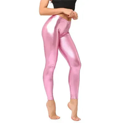 Ladies pink metallic shiny leggings with laser-leather finish.