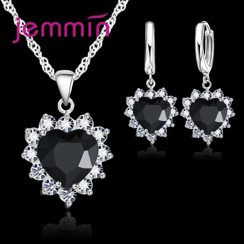 Yaameli 925 Silver Heart Pendant Necklace And Hoop Earrings Jewelry Set For Women Engagement Anniversary Gift