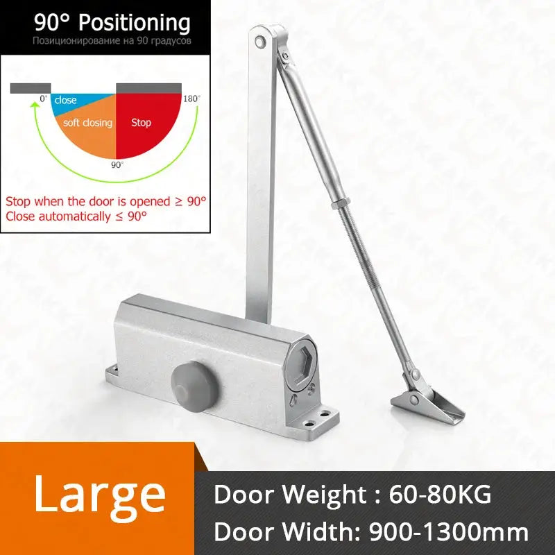 Simples Market KAK hydraulic door closer with silver body and long arm; 60-80 kg doors, 900-1300 mm width