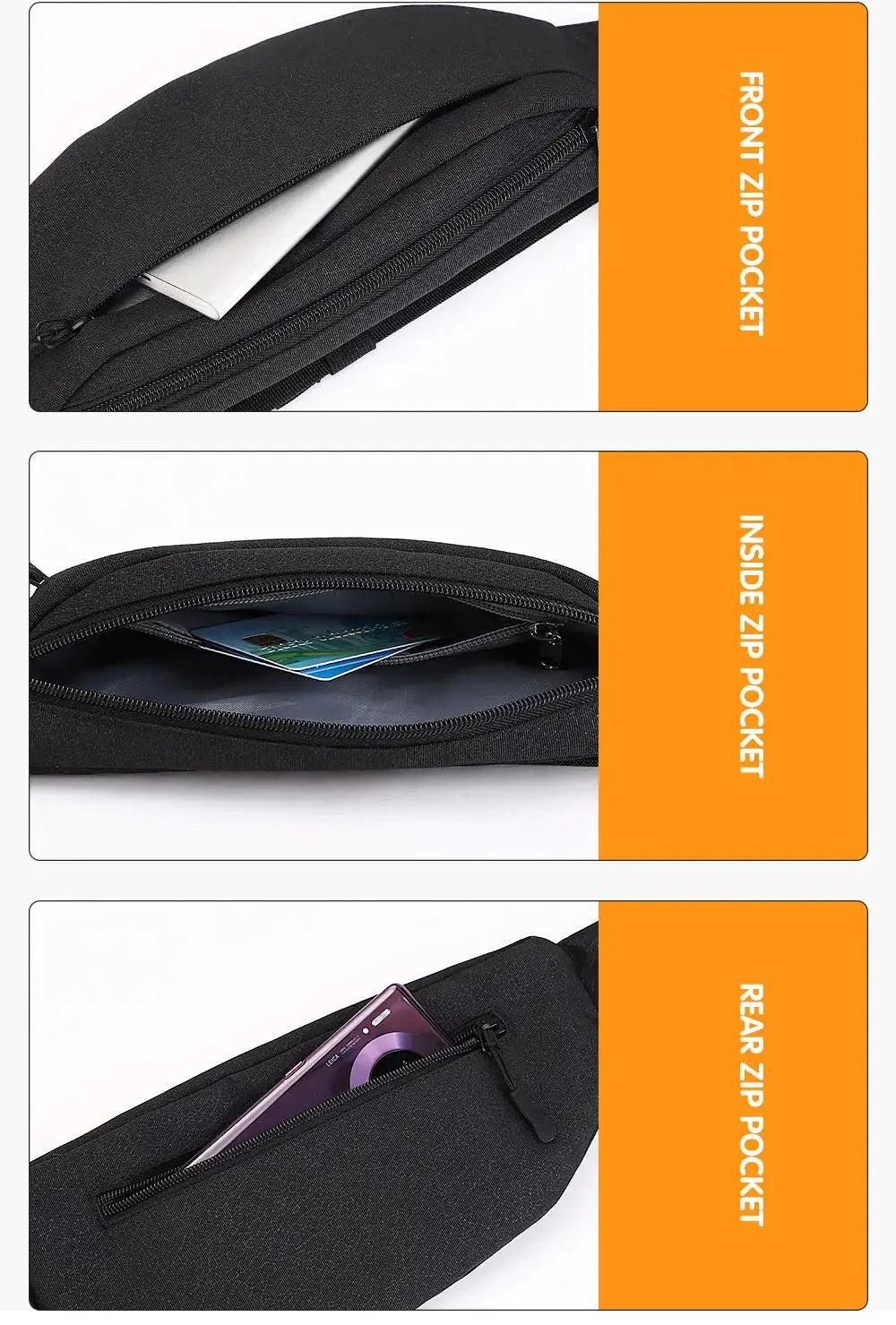 Simples Market TINYAT waist bag in black with front and rear zip pockets
