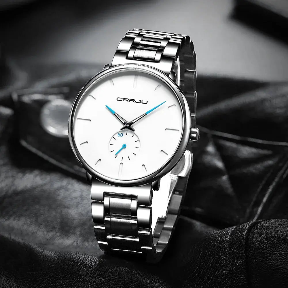 CRRJU stainless steel men's watch with white dial, blue hands, and small seconds subdial