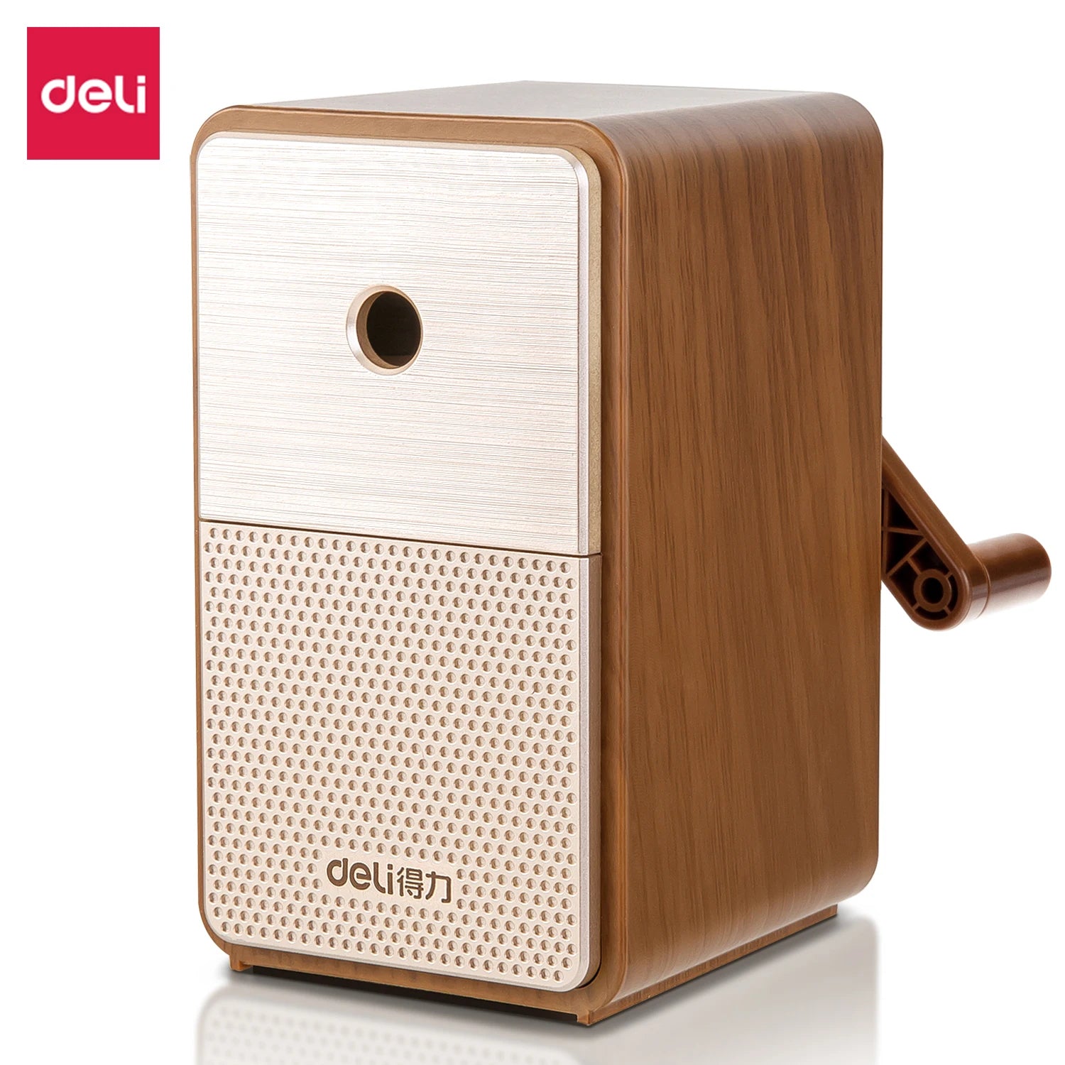 Deli adjustable pencil sharpener with long lasting blade, wood-grain body and hand crank