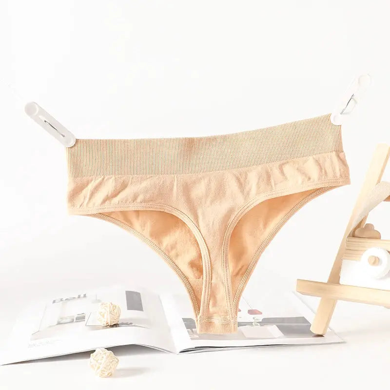 Thong G-string underwear by Simples Market, nude ribbed fabric, high-rise waistband