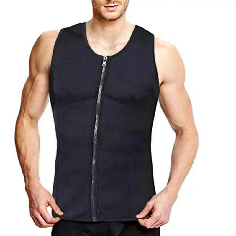 Men's black zip-front waist trainer sauna vest tank top shapewear