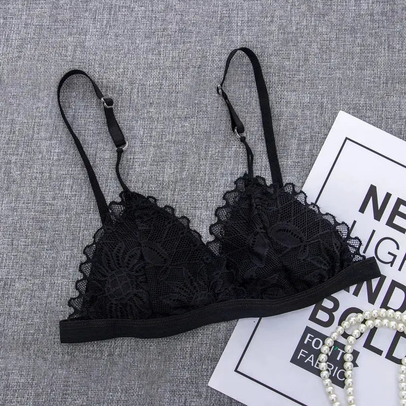 Black lace bralette wire-free lingerie with adjustable straps and triangle cups