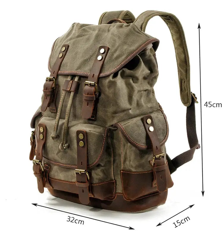 Simples Market vintage canvas backpack for men with brown leather straps, buckles and multiple pockets
