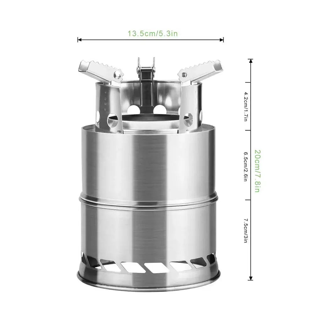 Simples Market portable stainless steel wood-burning camping stove with fold-out support arms