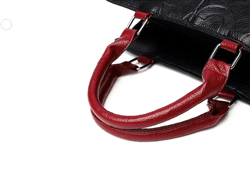 Simples Market PU Leather casual crossbody bag for women, black body with red handles, large capacity