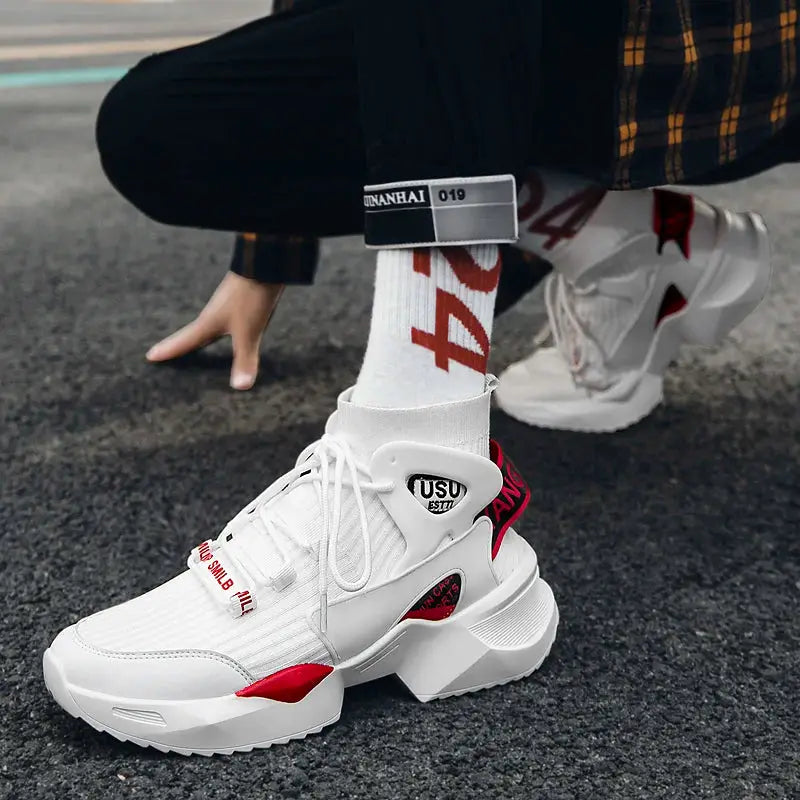 Men's white high-top sneakers with red accents and chunky sole, breathable mesh by Simples Market.