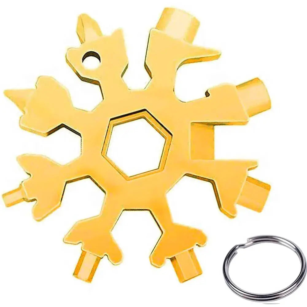 Snowflake 18-in-1 multi-tool in gold-tone stainless steel with screwdriver bits, bottle opener, and key ring.