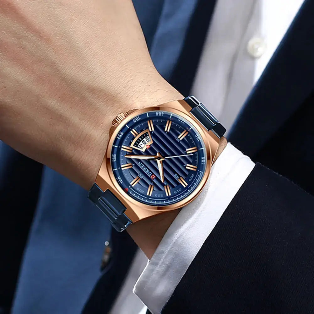 CURREN men's luxury watch with blue dial, rose-gold case and blue stainless-steel band