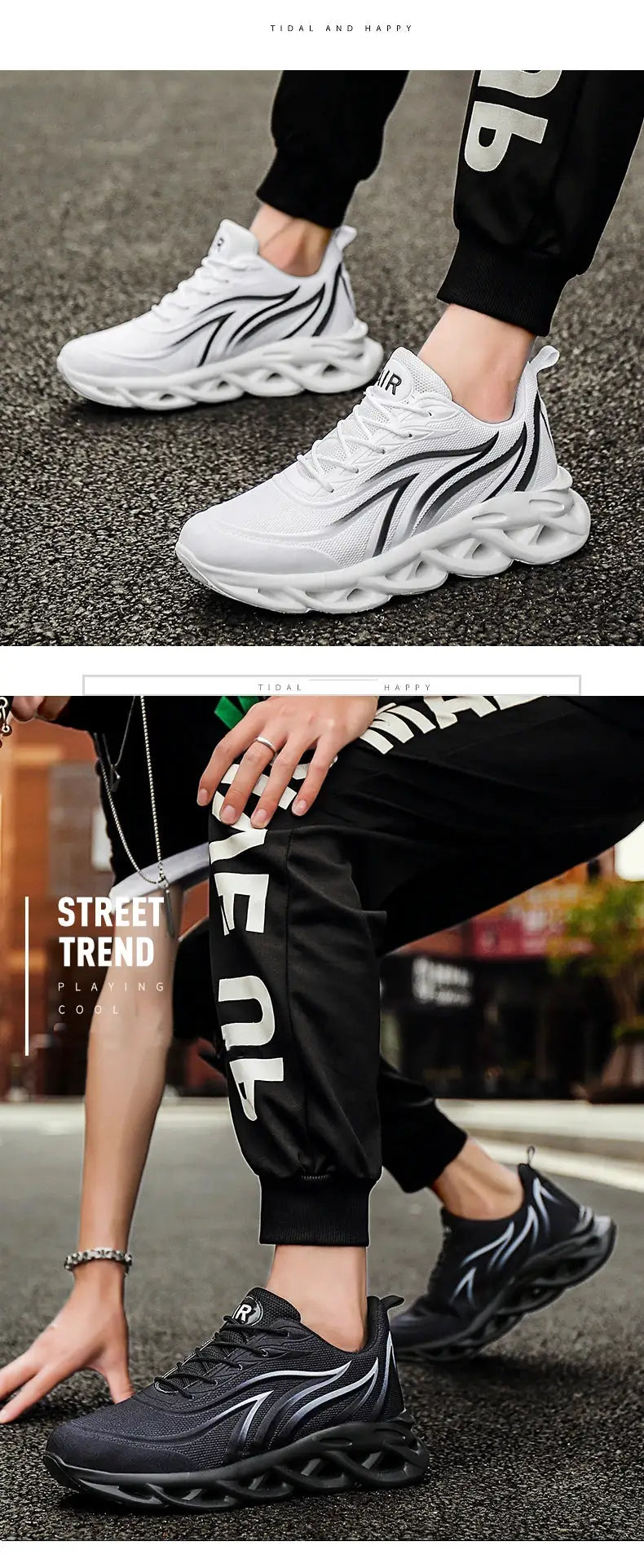 Men's mesh breathable running shoes, white with black wave accents; two colorways shown