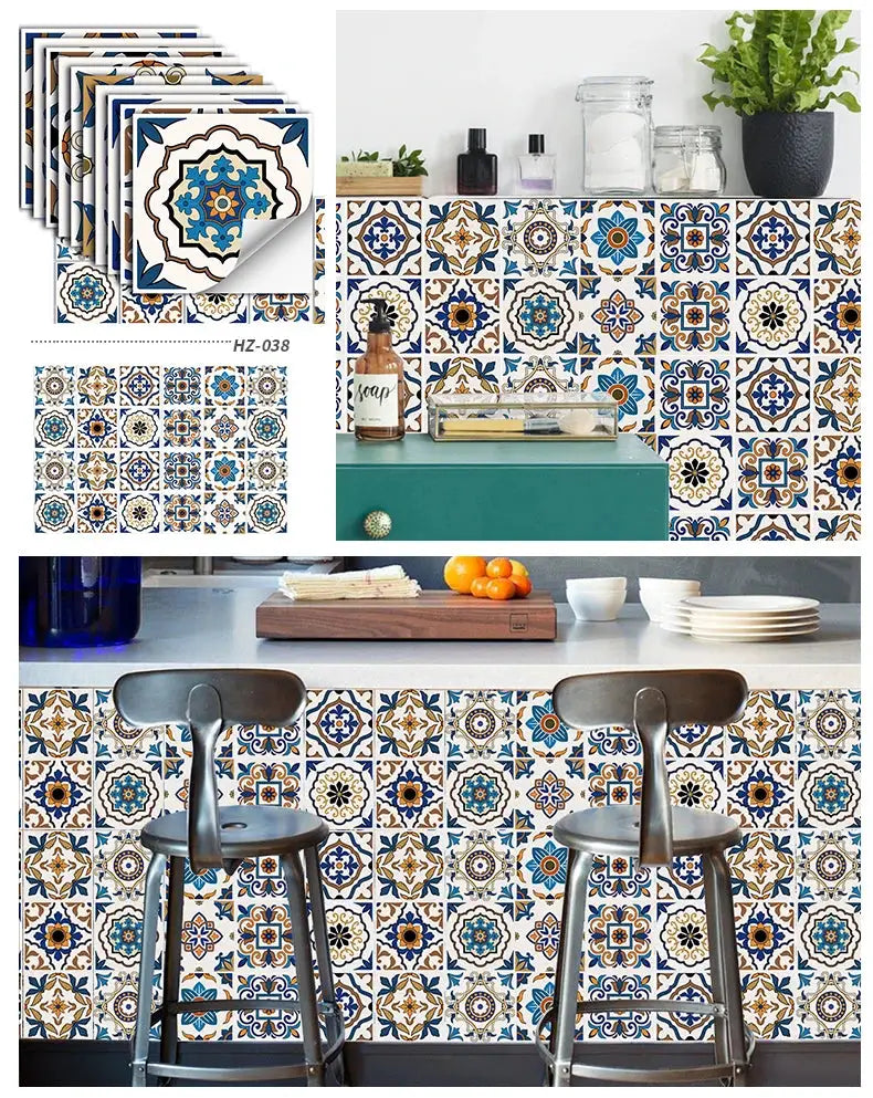 Simples Market 24pc tile sticker set; light blue-brown patterns for kitchen backsplash, waterproof self-adhesive decals