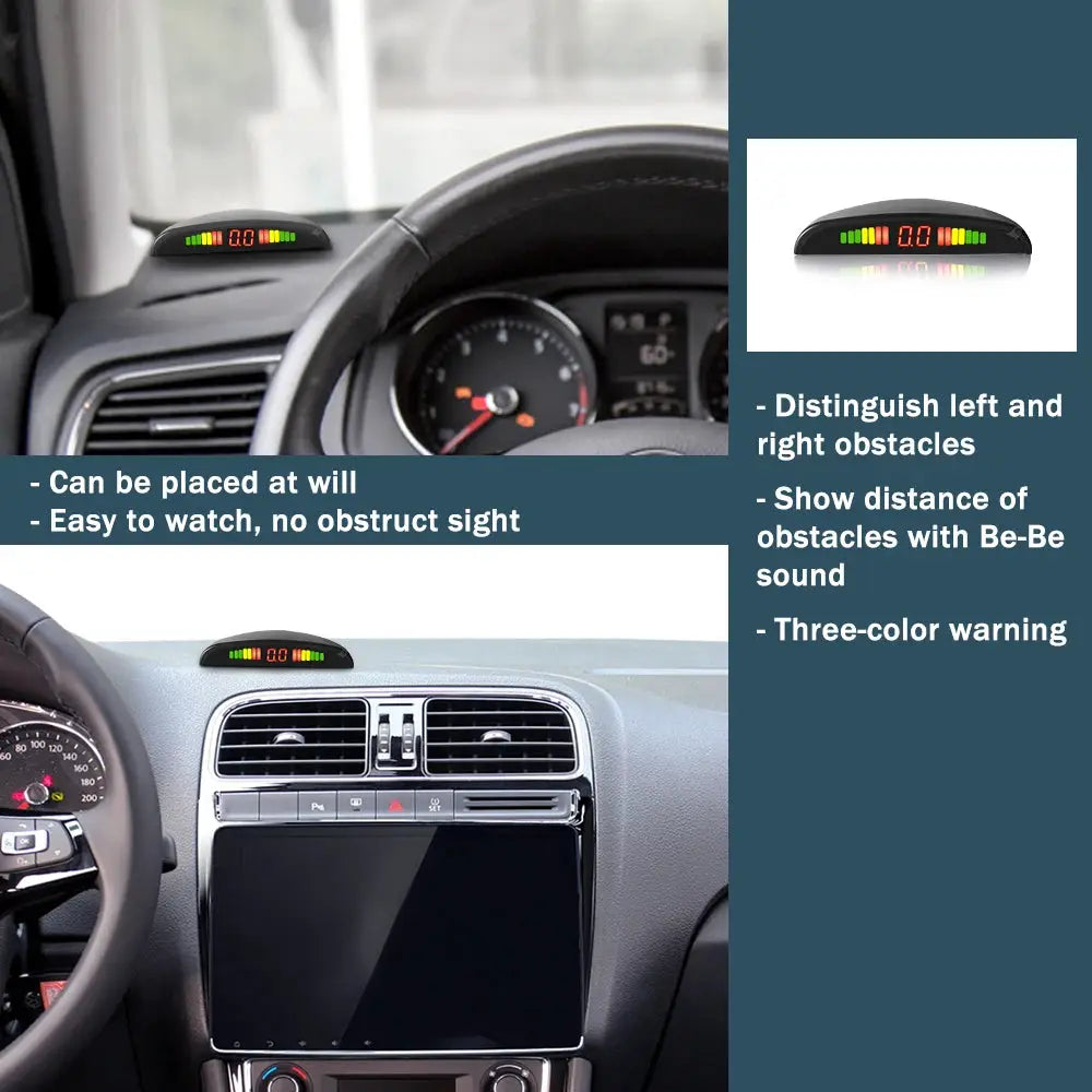 Hippcron Car LED Parking Sensor Kit by Simples Market; 4-sensor reverse radar with multicolor indicator on the car dash