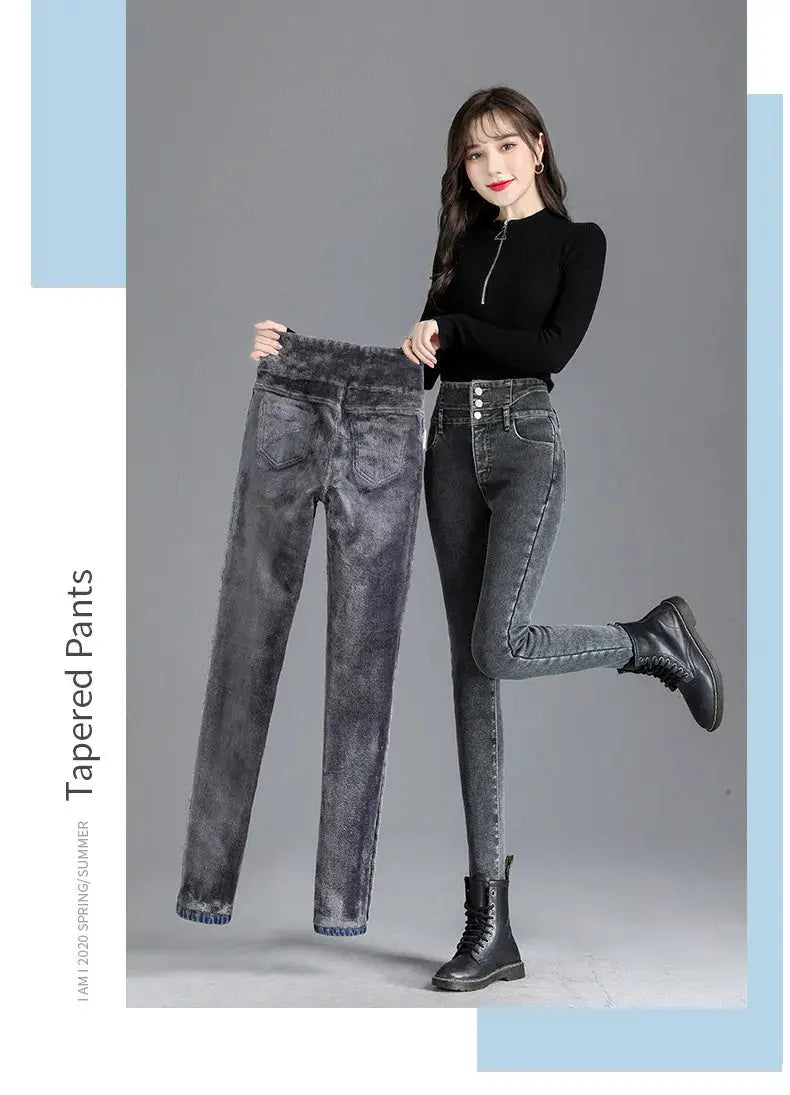 Thermal Winter Thick Fleece High Waist Stretch Skinny Jeans For Women