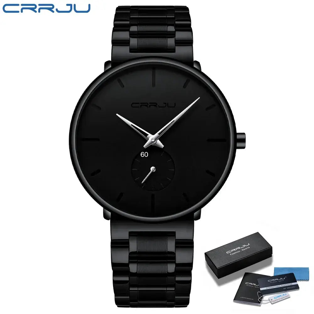 CRRJU men's black stainless steel watch with minimalist dial; includes box and accessories