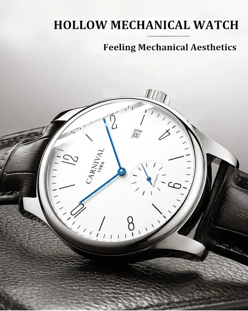 Carnival men's mechanical wristwatch with white dial, blue hands, calendar date, black leather strap