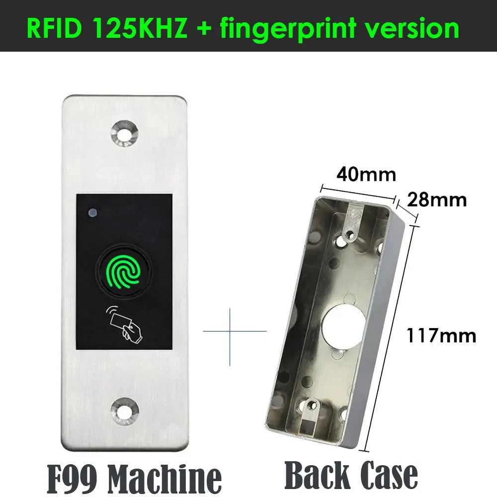 RFID door access reader with fingerprint version; metal plate, 9–18V, IP66 waterproof, 100-user capacity