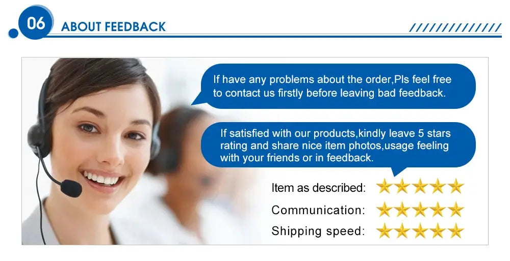 Customer support feedback banner with a smiling agent wearing a headset and 5-star ratings