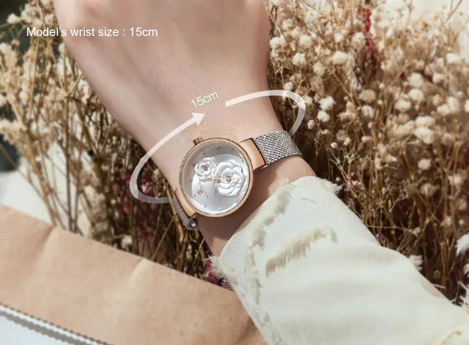 NAVIFORCE women's wristwatch with rose-gold case and silver mesh band, floral dial