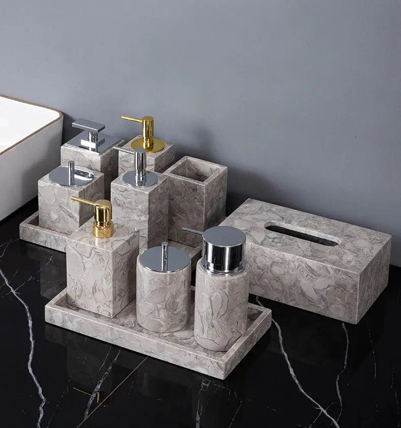 Simples Market marble bathroom accessories set with soap dispenser, toothbrush holder, cup, soap dish and tissue box cover