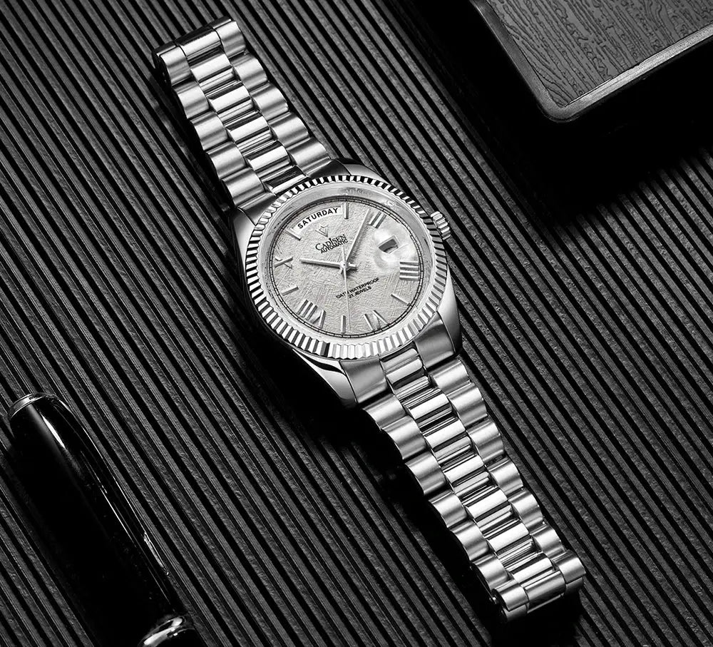 CADISEN men's stainless steel mechanical watch with meteorite dial, day-date window, Miyota 8285 movement