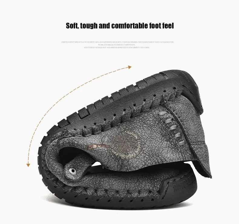 Leather men's slip-on loafers by Simples Market, gray textured, breathable handmade moccasins.