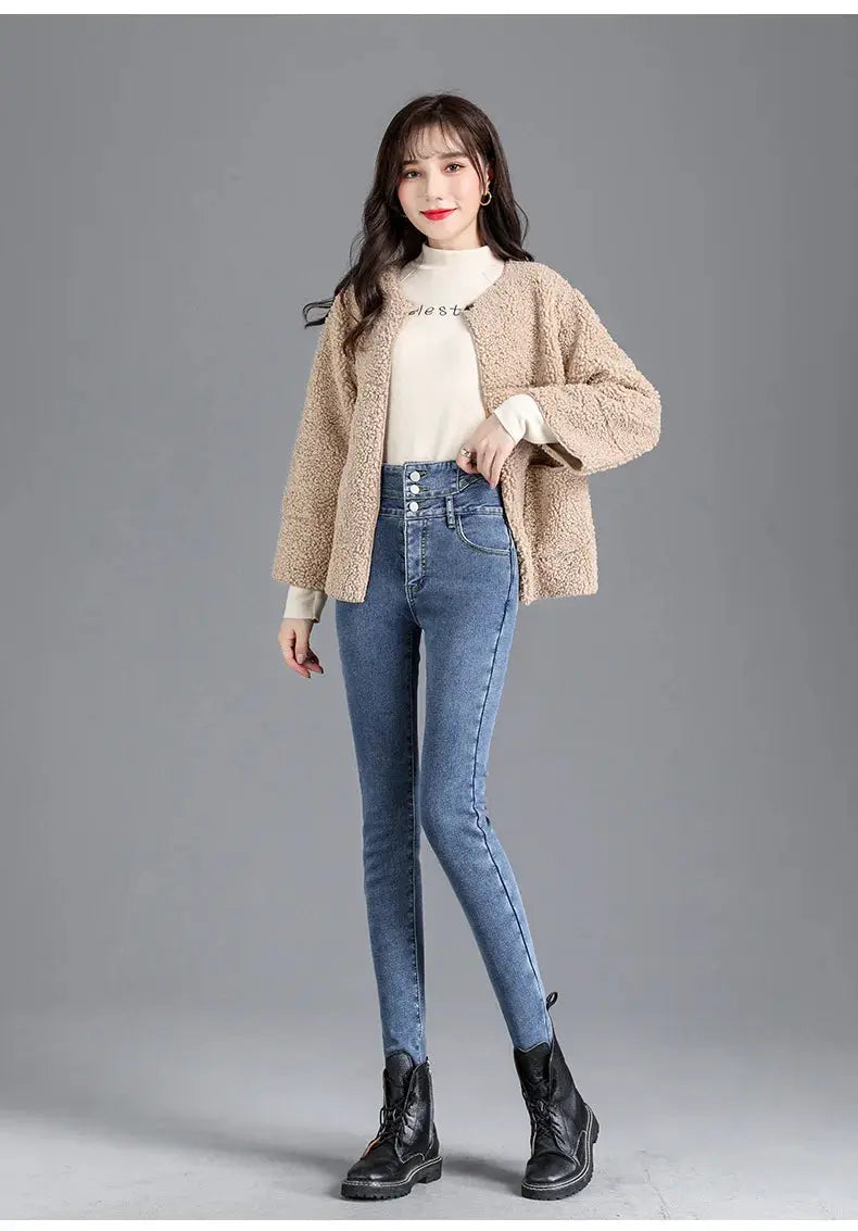 Thermal Winter Thick Fleece High Waist Stretch Skinny Jeans For Women