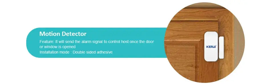 KERUI wireless door/window sensor alarm on wood door frame; white dual-part motion detector (Simples Market)